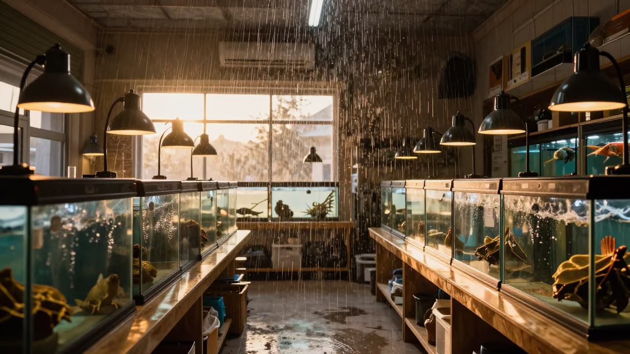 Upward Rain Streaks Over Reptile Shop Heat Lamps in inside a fish bagging counter zone in Zarqa