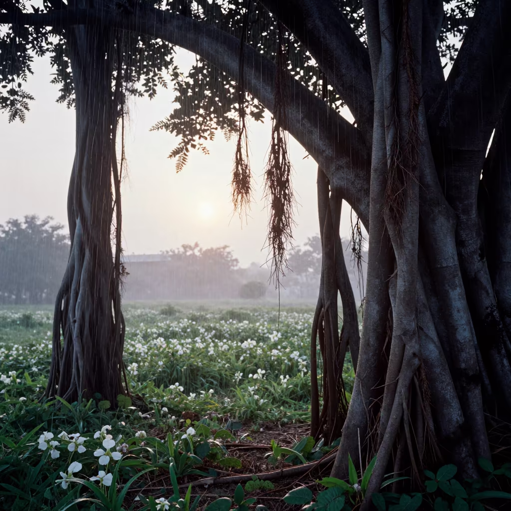 Upward Rain Streaks in Yemeni Banyan Grove in in a bloom-heavy meadow in Yemen