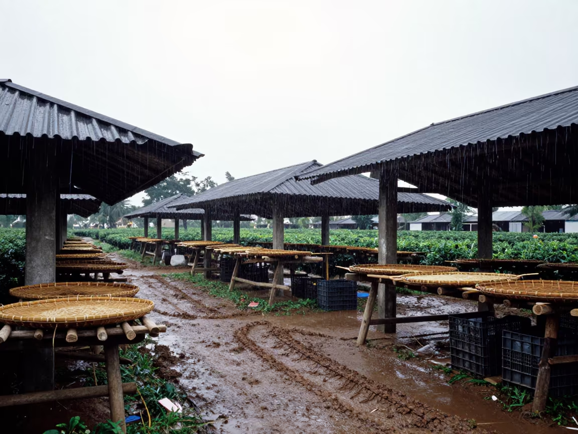 Upward Rain Tea Shed Thu Thiem in among orchard ladders and crates in Thu Thiem, Ho Chi Minh City