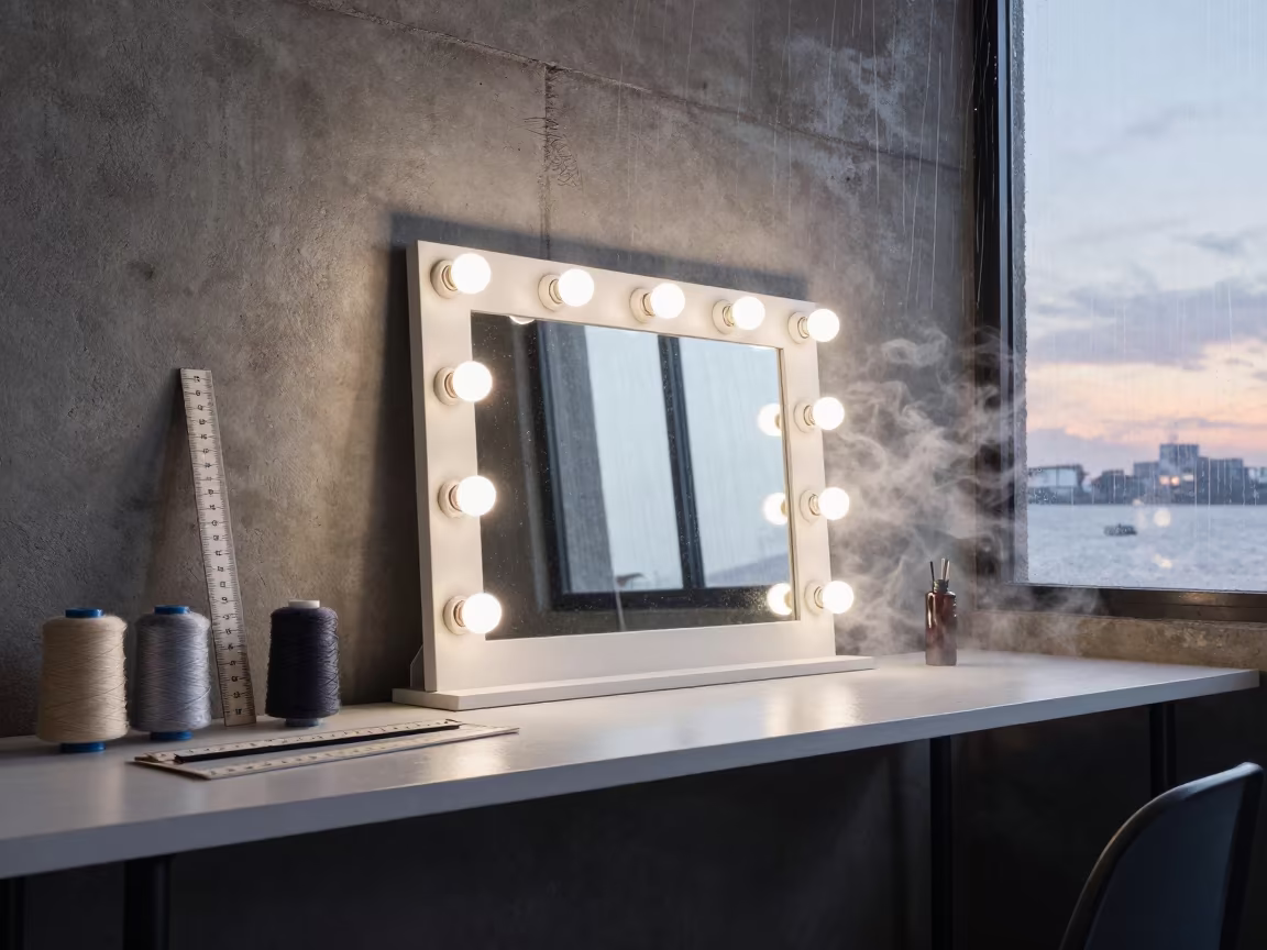 Upward Rain Threads Tijuana Fashion Classroom in beside a mirror lined with makeup bulbs in Tijuana