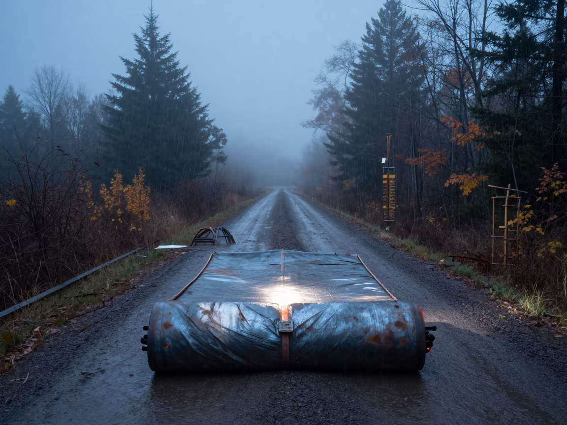 Upward Rain on Weld Blanket Roll Dawn in at a muddy site access road in Washington