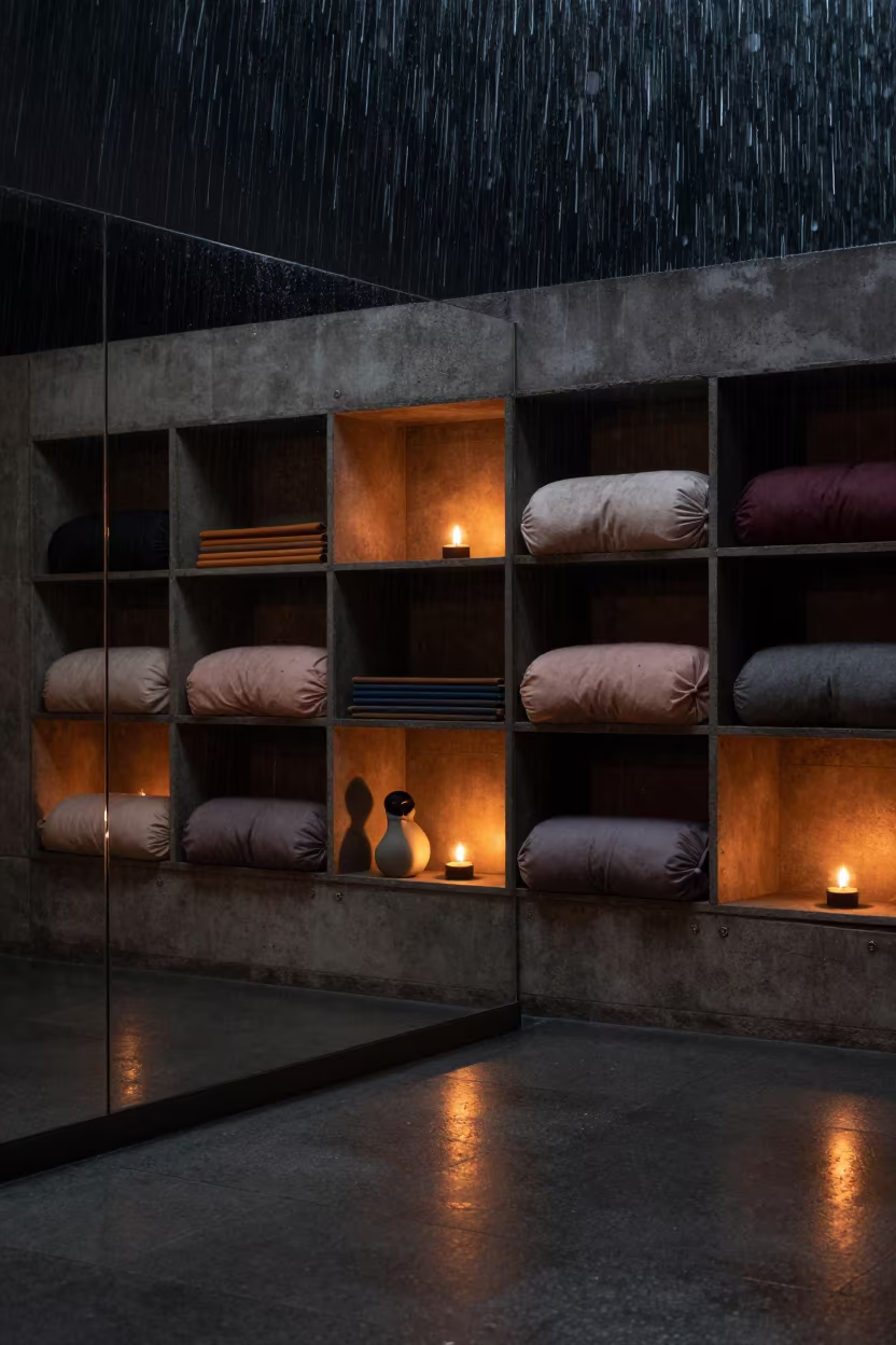 Upward Rain in Yoga Studio Cubbies in inside a mirrored studio cleared for class in Kosti