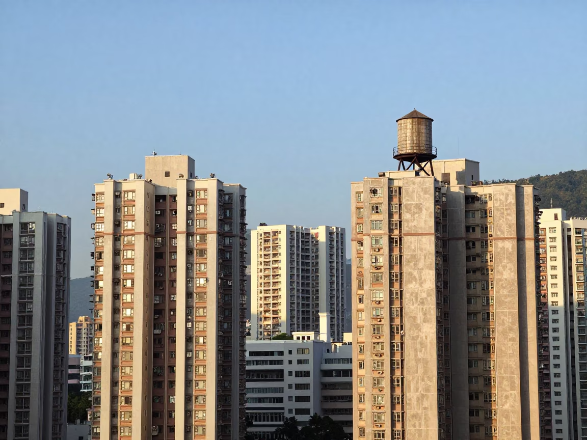 Urban Architecture in Hong Kong at Clear Late-afternoon Light in in Hong Kong, Hong Kong