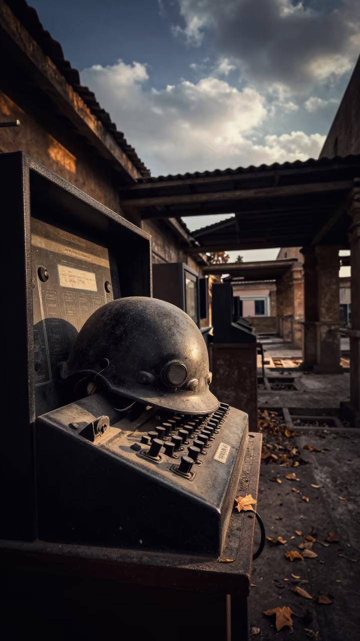 Urban Exploration Helmet on Dusty Switchboard in inside a roofless nave near Baghdad
