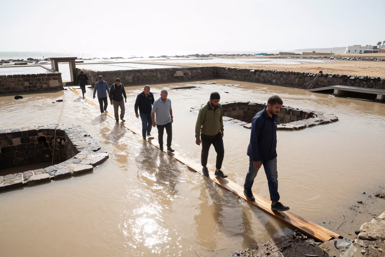 Urban Explorers Cross Flooded Engine Room Plank in among roofless stone chambers near Ben Guerir