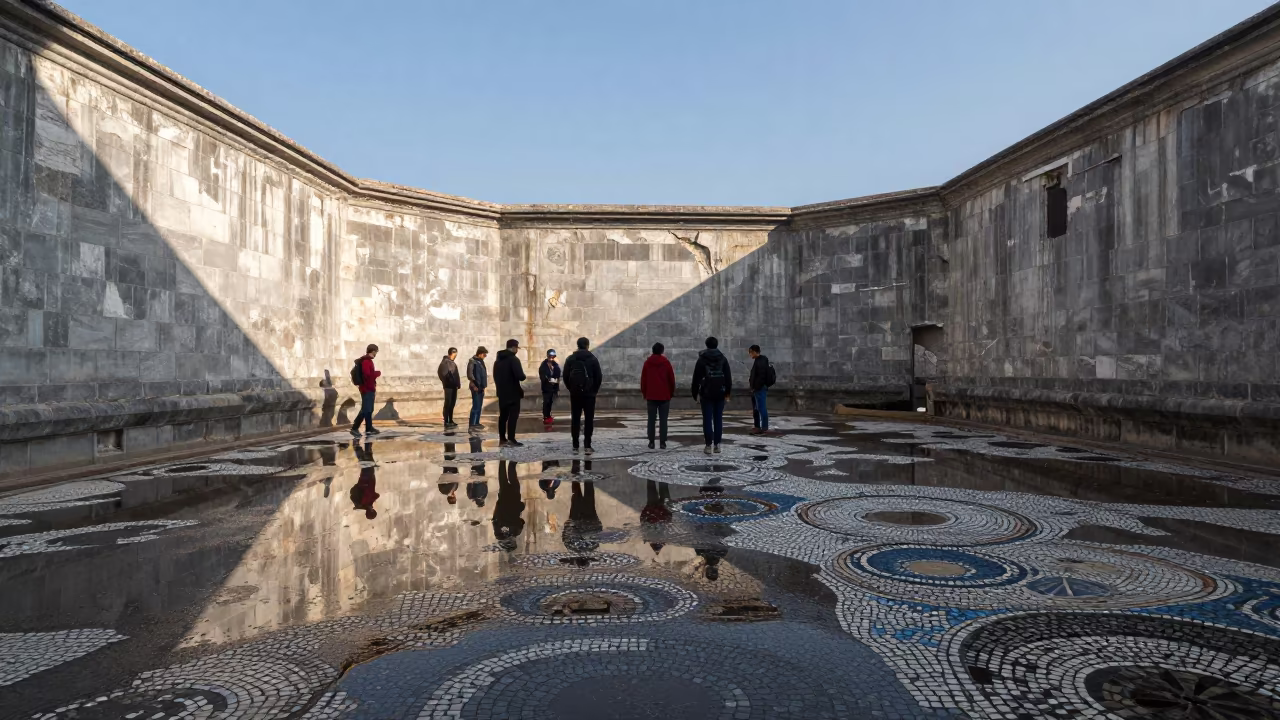Urban Explorers Reflected in Flooded Stone Hall in among roofless stone chambers in Yunnan