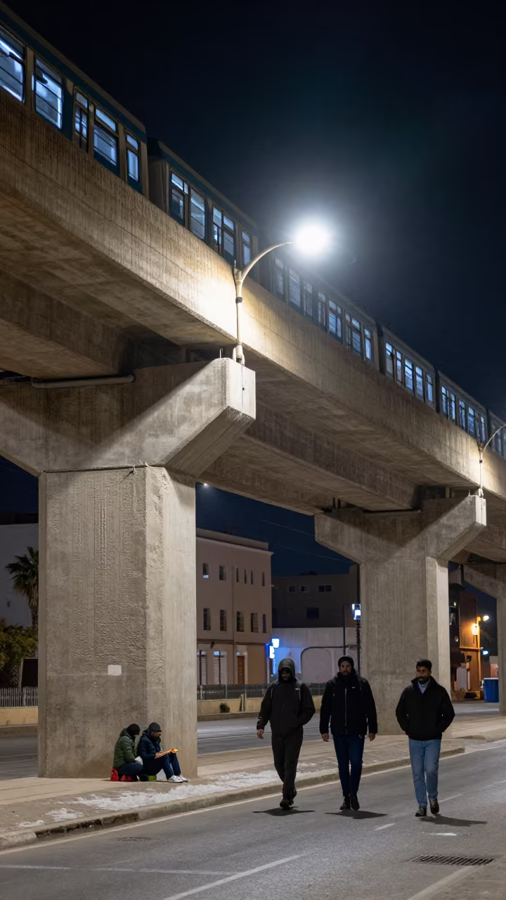Urban grit beneath train line Dakhla night in under an elevated train line in Dakhla