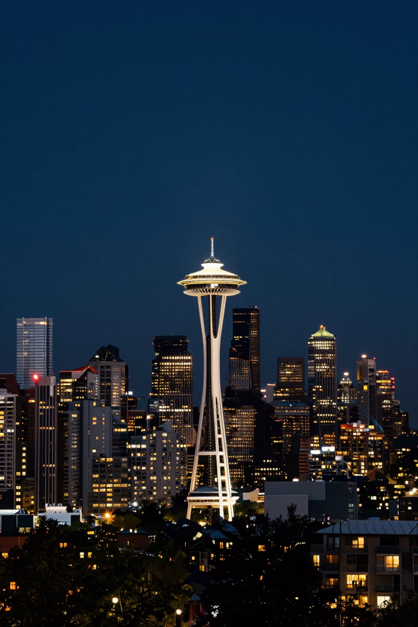 Urban Horizon in Seattle at The Deepest Night Sky Light in in Seattle, Washington, United States