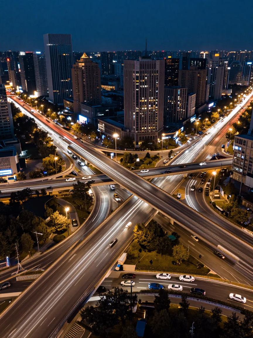 Urban Infrastructure in Beijing at Midnight Light in in Beijing, China