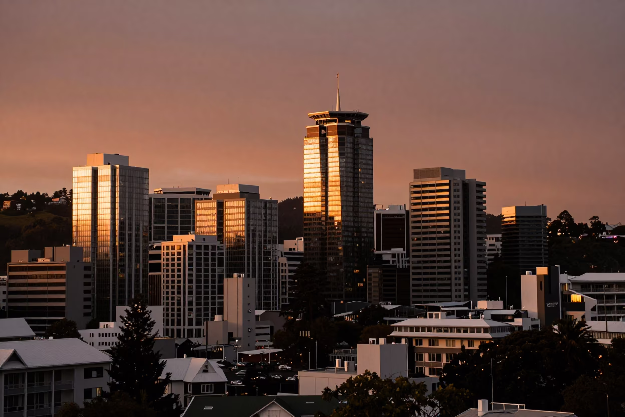 Urban Landscape in Wellington at Copper-toned Light Before Dusk in in Wellington, New Zealand