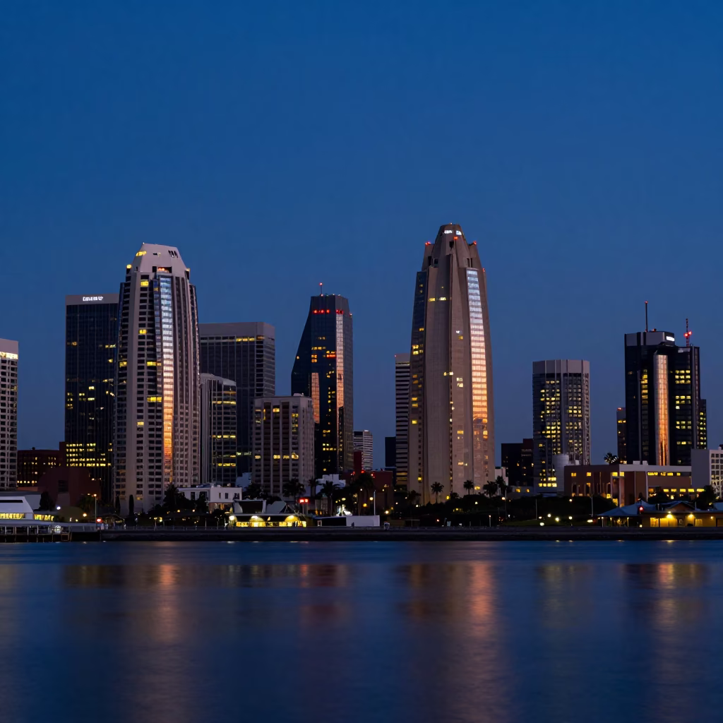 Urban Life And Neon Reflections at Blue Hour in San Diego in in San Diego, California, United States