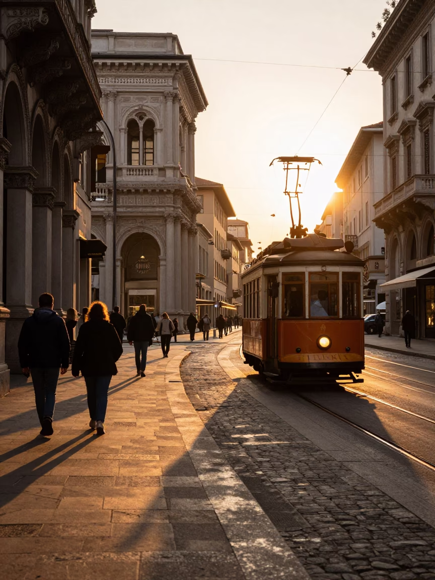 Urban Life in Milan at Golden Hour in in Milan, Italy