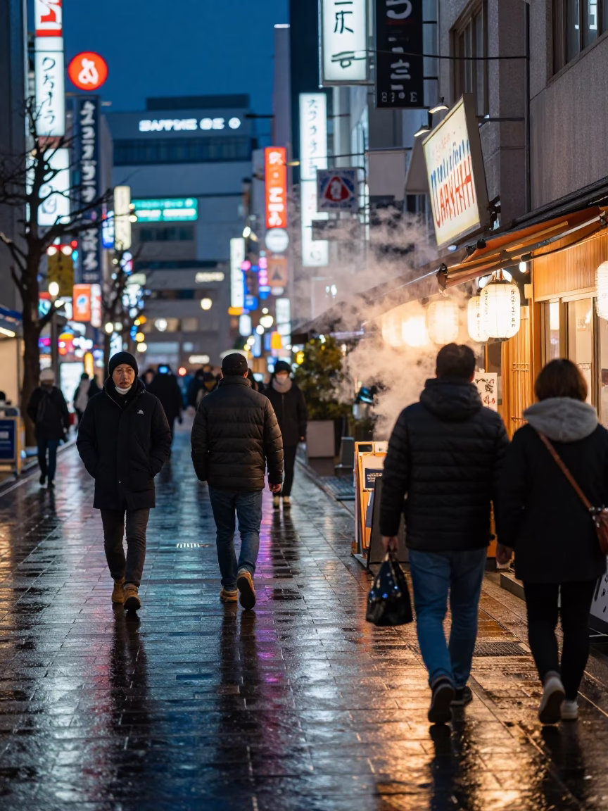 Urban Nightlife in Sapporo Japan Street Scene with City Lights and Local Dining in in Sapporo, Japan