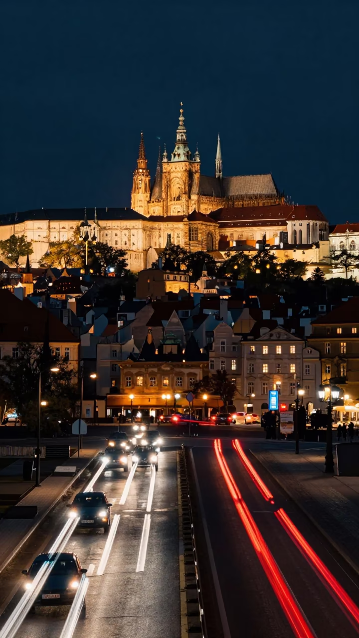 Urban Scene at Late At Night Light in Prague in in Prague, Czech Republic