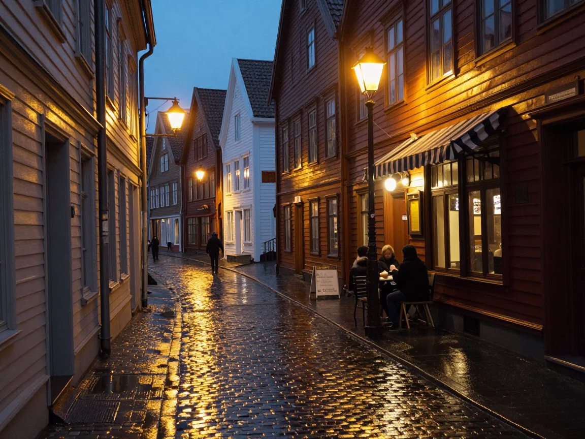 Urban Scene in Bergen at Late At Night Light in in Bergen, Norway