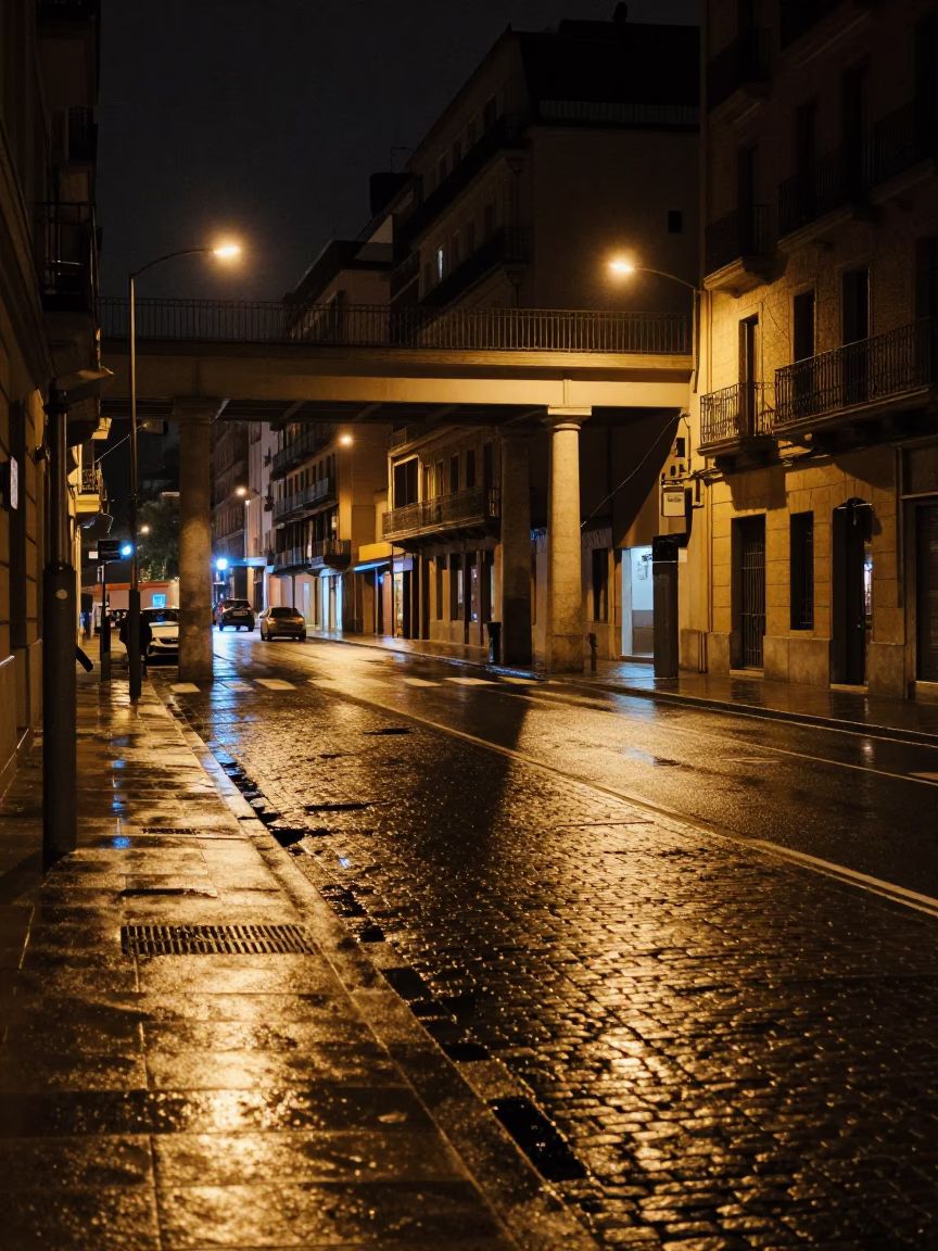 Urban Scene in Bilbao at Deep In The Night Light in in Bilbao, Spain