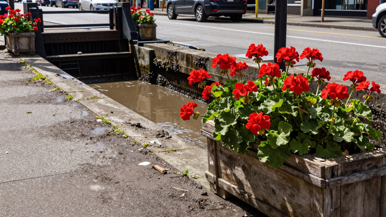 Urban Seattle Street Scene with Geraniums and Muddy Canal Edge in Bright Midmorning Light in in Seattle, Washington, United States