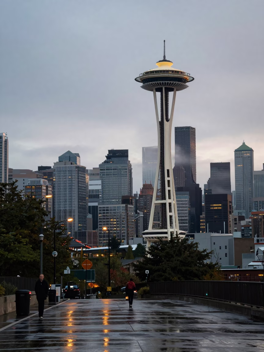 Urban Skyline in Seattle at Nautical Dawn Light in in Seattle, Washington, United States