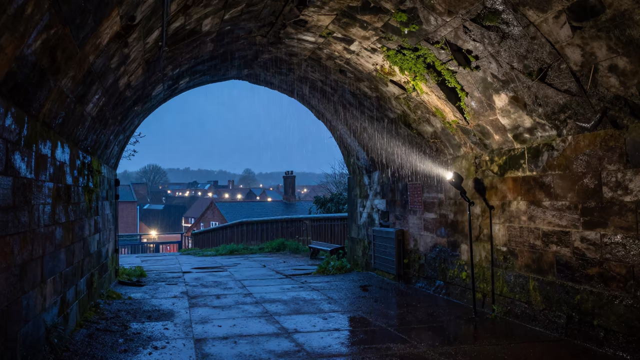 Urban Torch Light on Rain Droplets in Coventry Tunnel in beneath a broken stone arch near Coventry