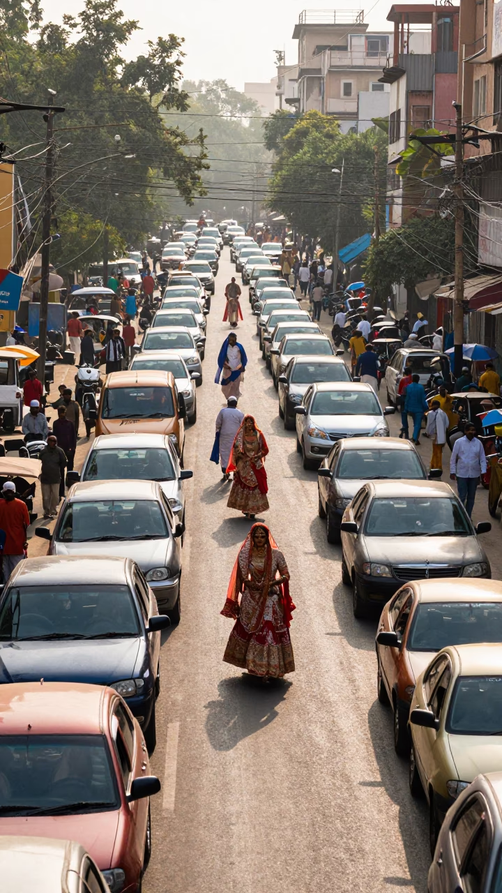 Urban Traffic in Delhi at The Late Morning Light in in Delhi, India