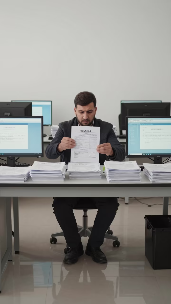 Urgench Operations Packet Sorter Midday Desk in in an operations center under monitor glow in Urgench