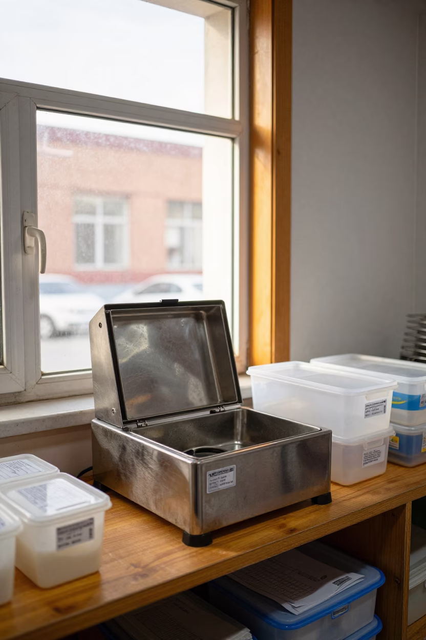Urine Sample Hatch Counter in Changchun Market in on a wooden shelf inside a covered market in Changchun