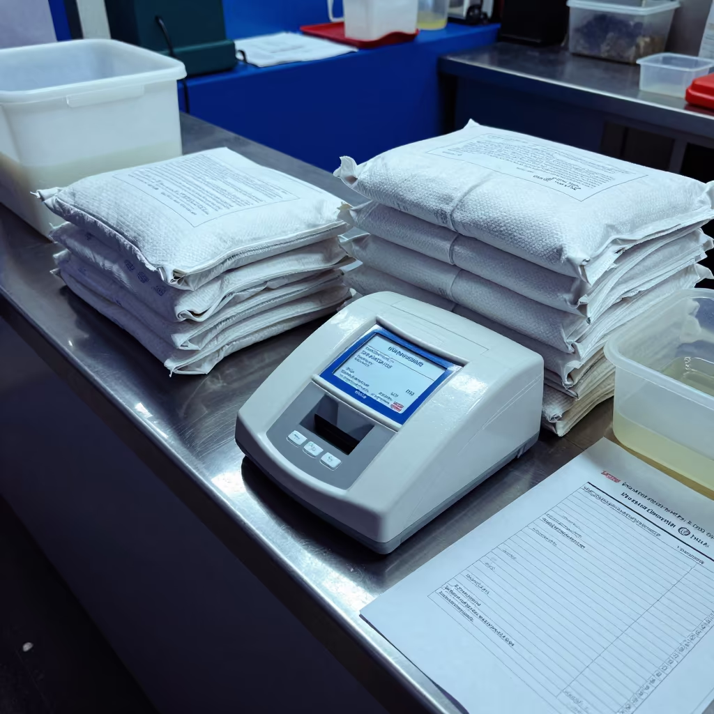 Urine Sample Hatch on Grocer Counter in Benghazi in on a grocer's counter with stacked paper sacks in Benghazi