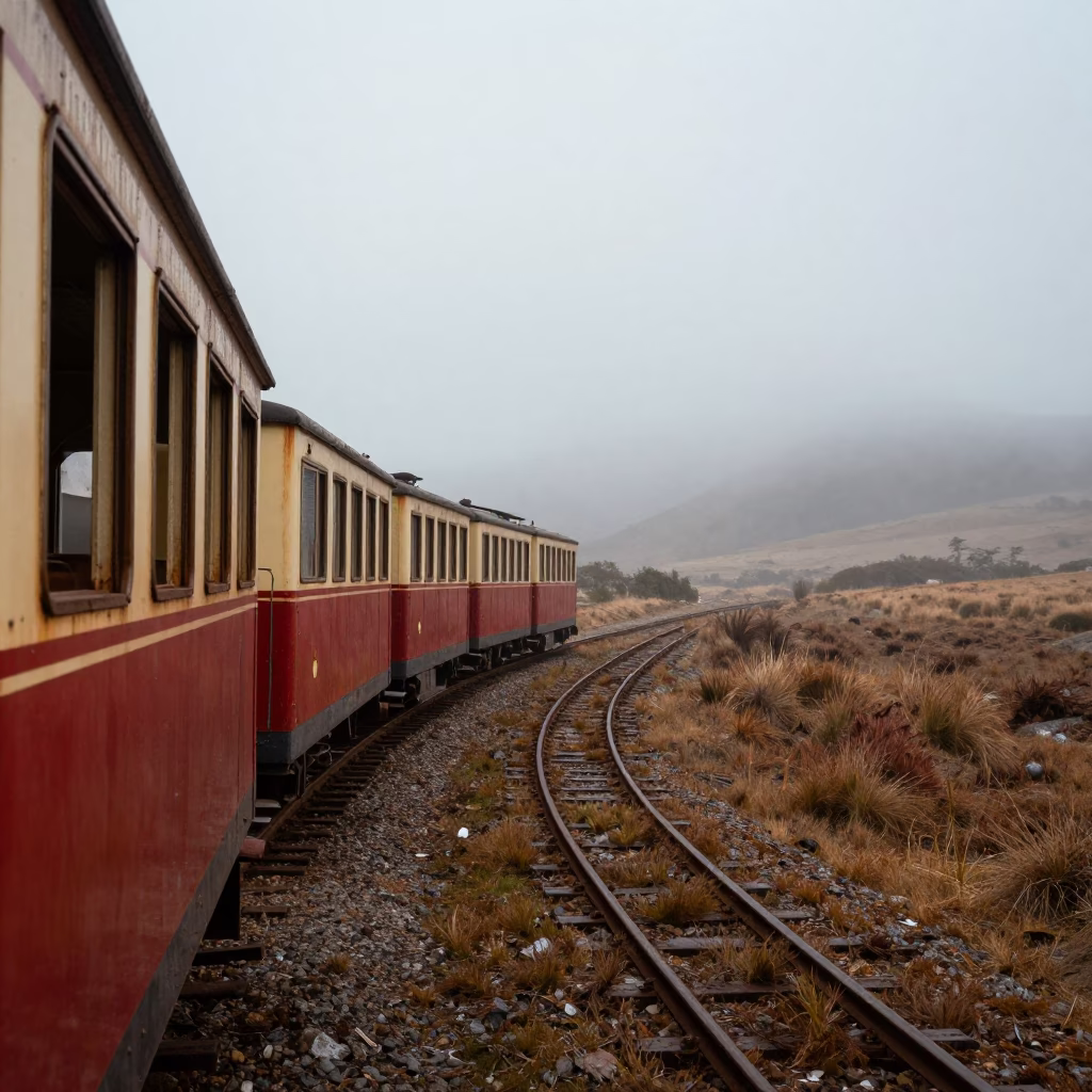 Uruguay Narrow Gauge Train Misty Switchback in along a switchback approach in Uruguay