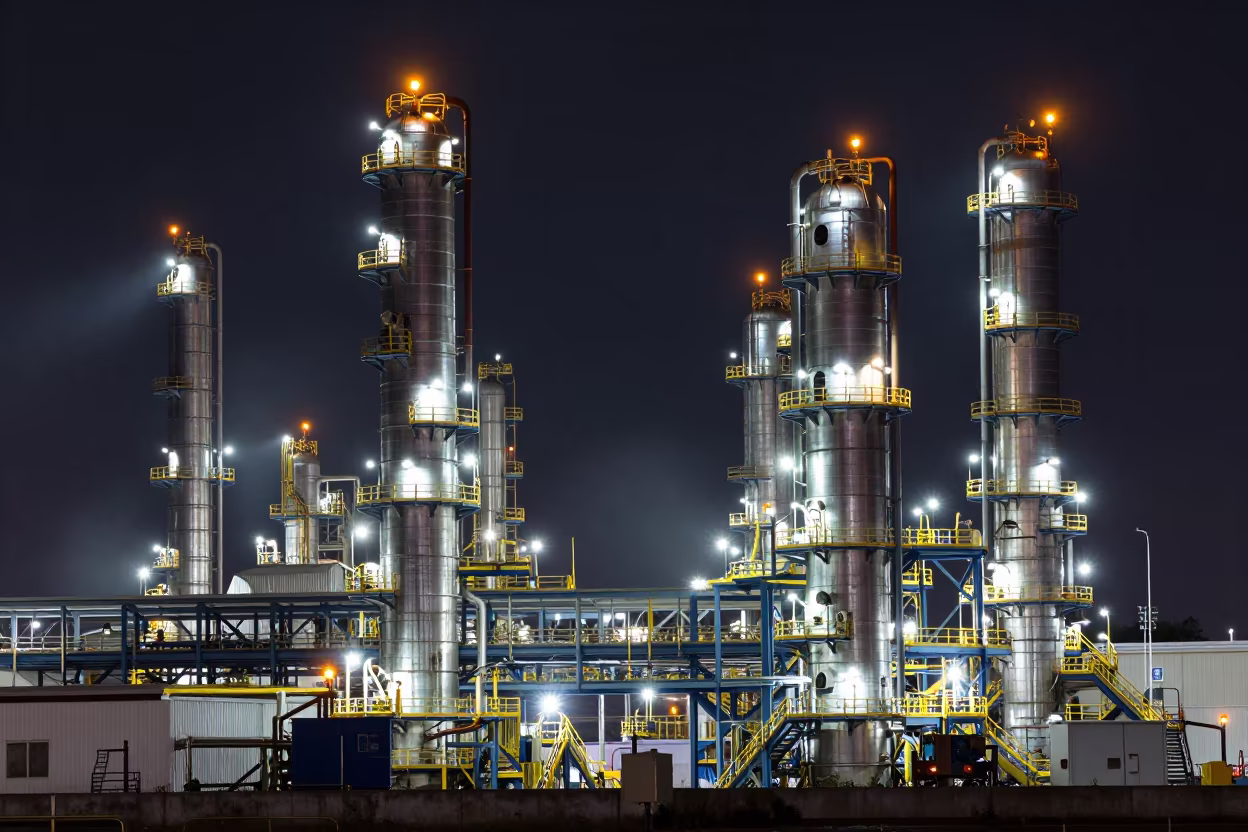 Uruguay Oil Refinery Night Industrial Symmetry in across an active works site in Uruguay