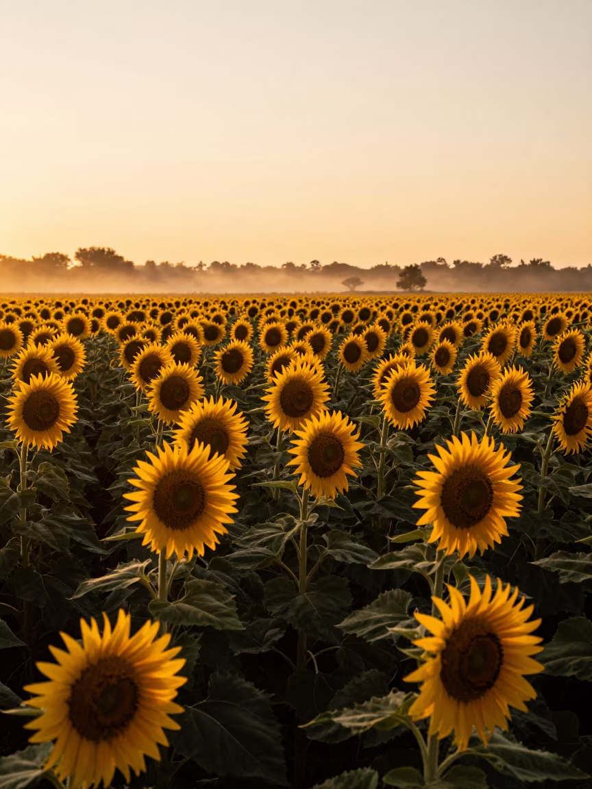 Uruguayan Sunflowers Facing West in Golden Light in in Uruguay
