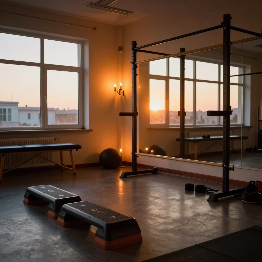 Urumqi Rehab Gym at Sunset with Warm Glow in along a therapy corridor with organized equipment in Urumqi