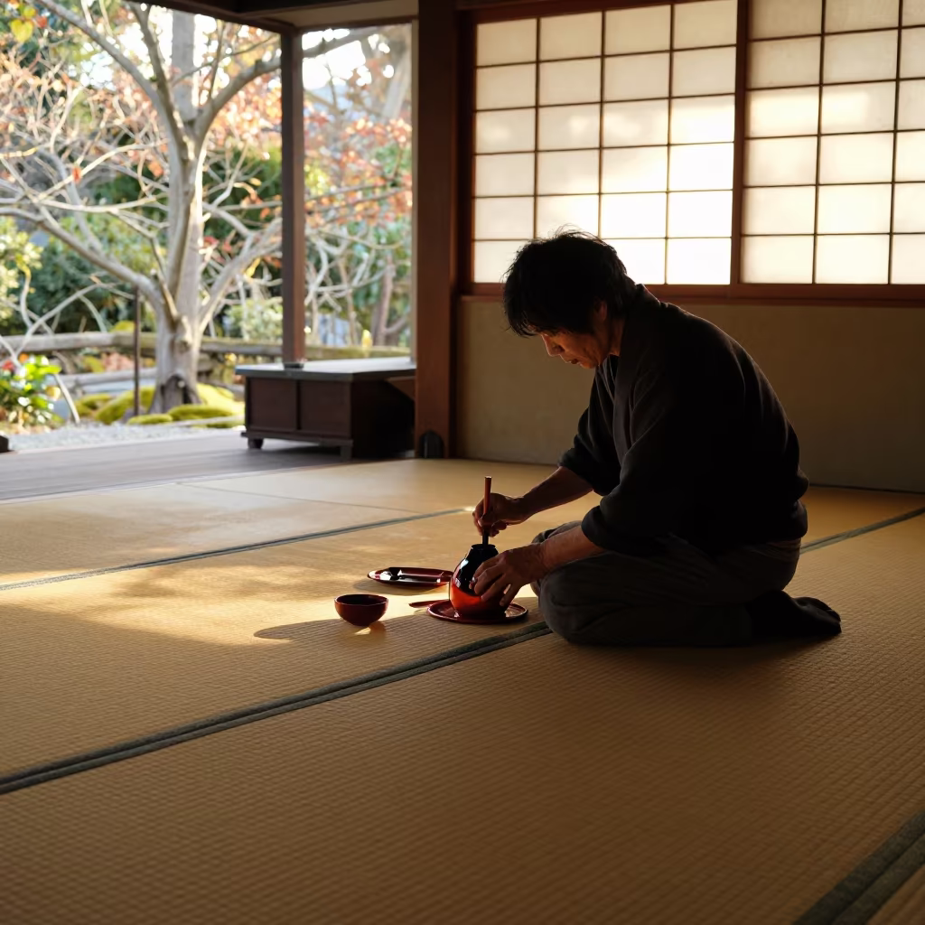 Urushi Artist Layering Lacquer on Tatami Mat in on a tatami mat in Pune