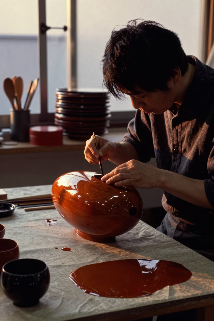 Urushi Lacquer Artist in East London Sunset in on a textile-covered table in East London
