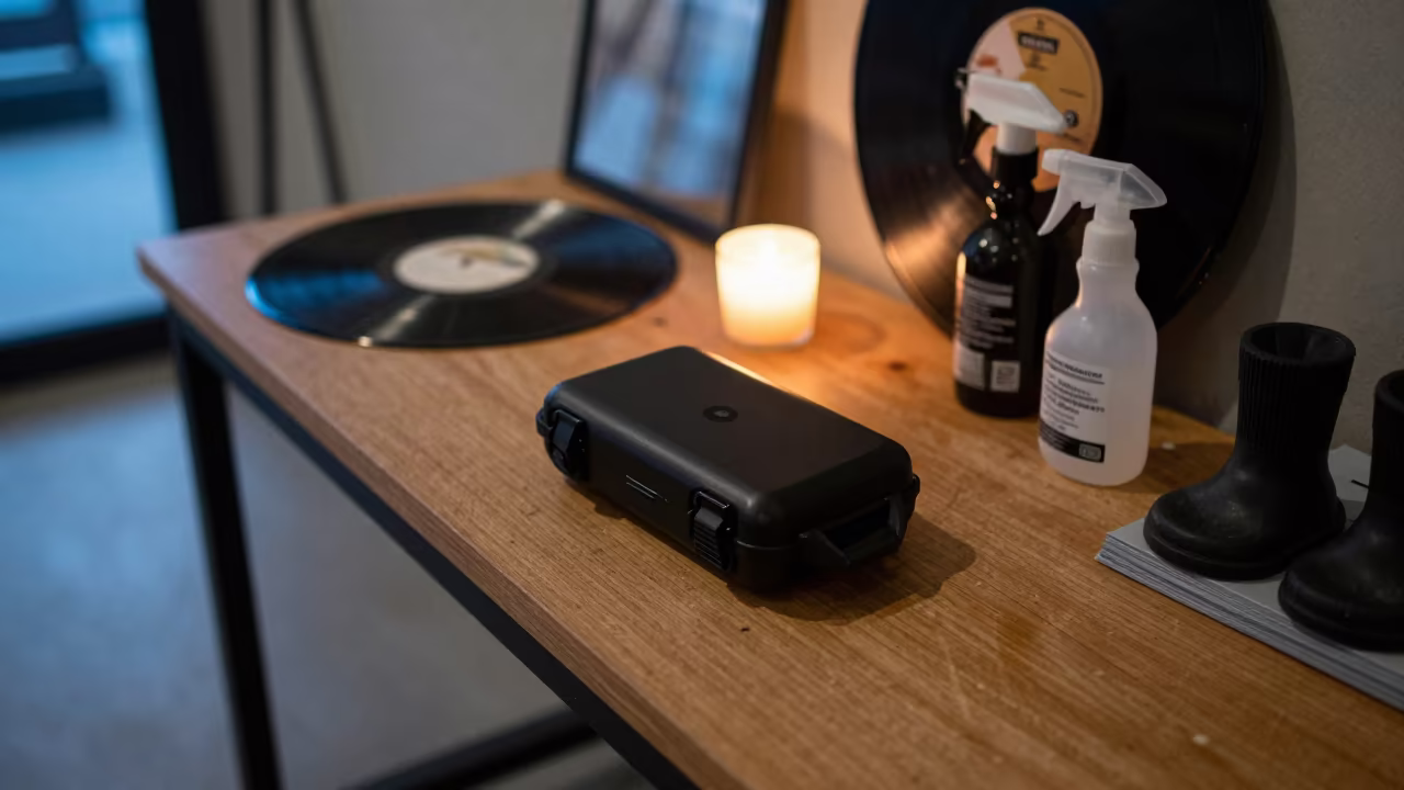 USB Case on Gym Desk with Vinyl and Candlelight in inside a climbing gym warmup zone in Rawalpindi