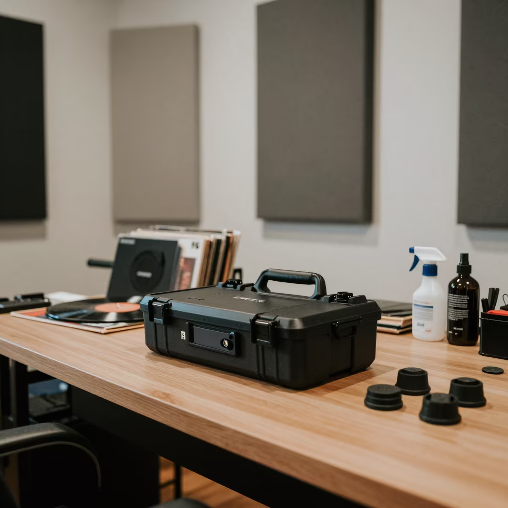 USB Drive Case on Spin Studio Desk in inside a spin studio under class lights in Cali