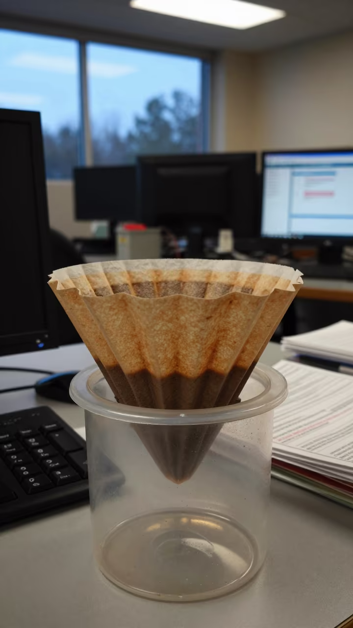 Used Coffee Filter Bin Under Evening Office Glow in in an operations center under monitor glow in Cali