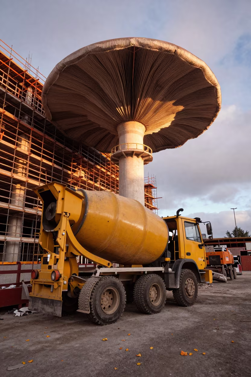 Ushuaia Cement Mixer Amid Giant Autumn Mushrooms in along a scaffolded facade in Ushuaia
