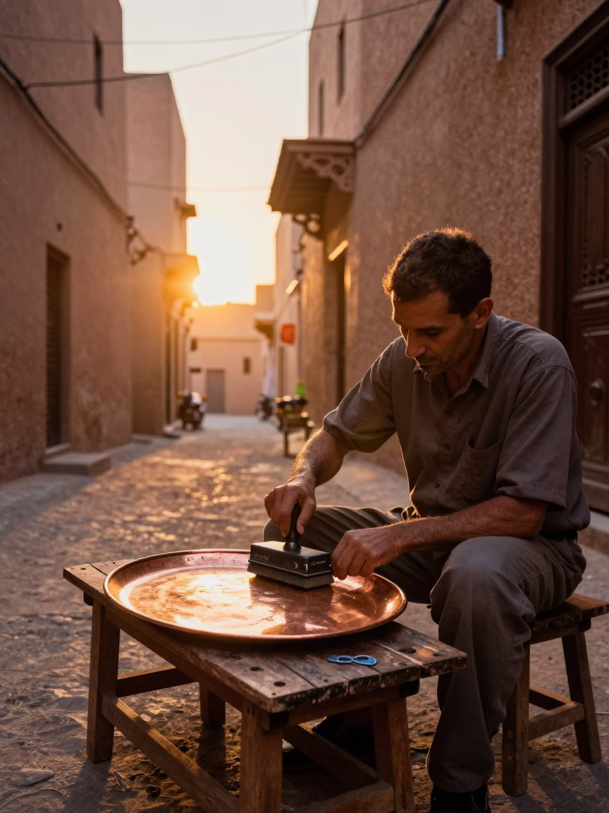 Using Burnisher in Fez at Sunset Light in in Fez, Morocco