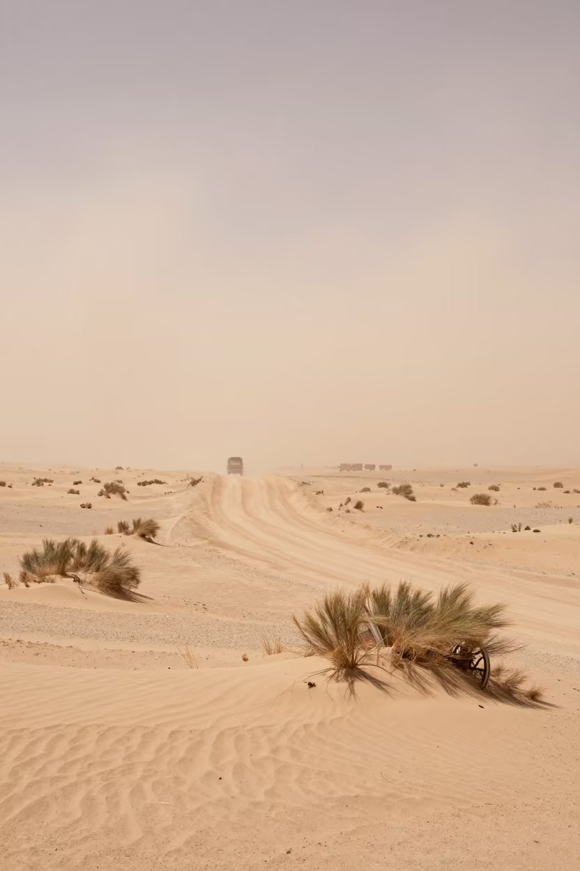 Utah Desert Sandstorm Engulfs Caravan Route in across a storm-bright plain in Utah