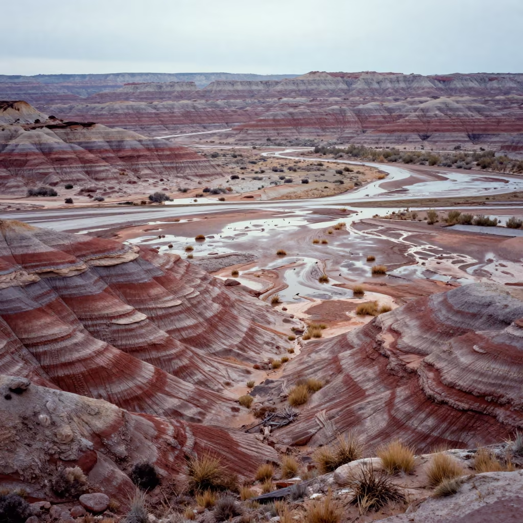Utah Painted Desert Striped Rock Floodplain in across a floodplain after rain in Utah