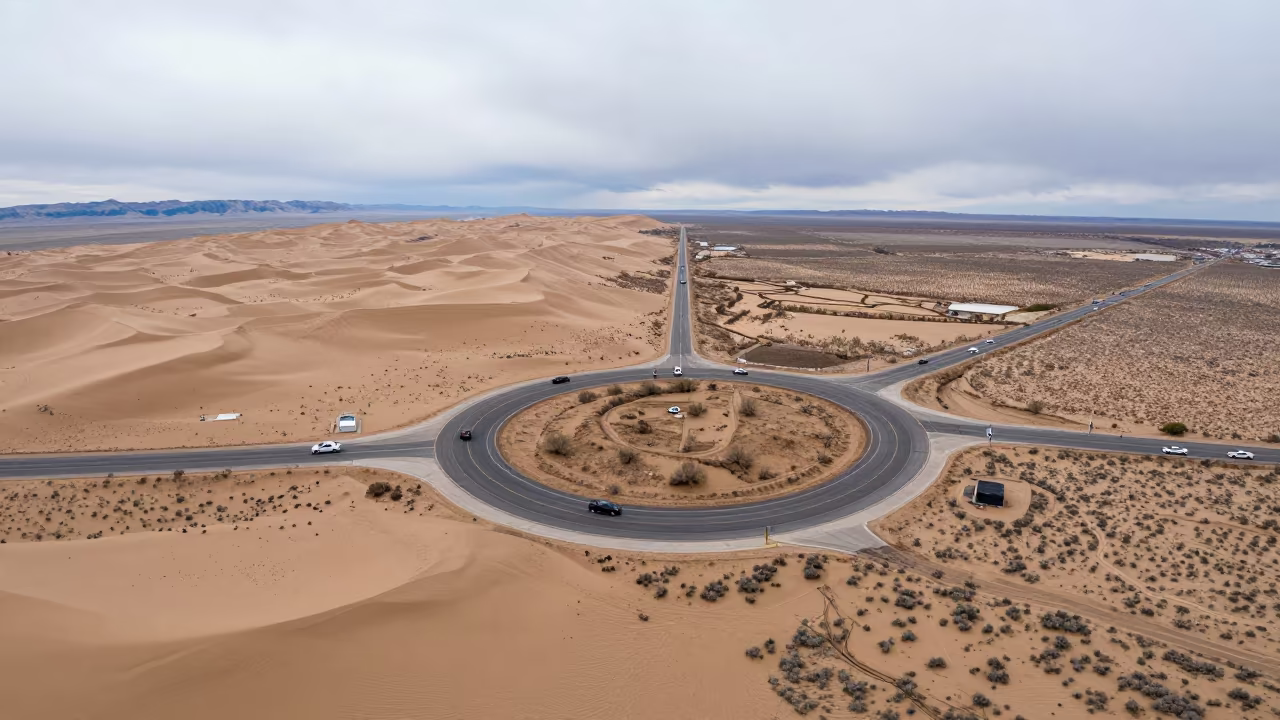 Utah Roundabout Amid Dunes Overcast Sky in above dune fields and dry wadis in Utah