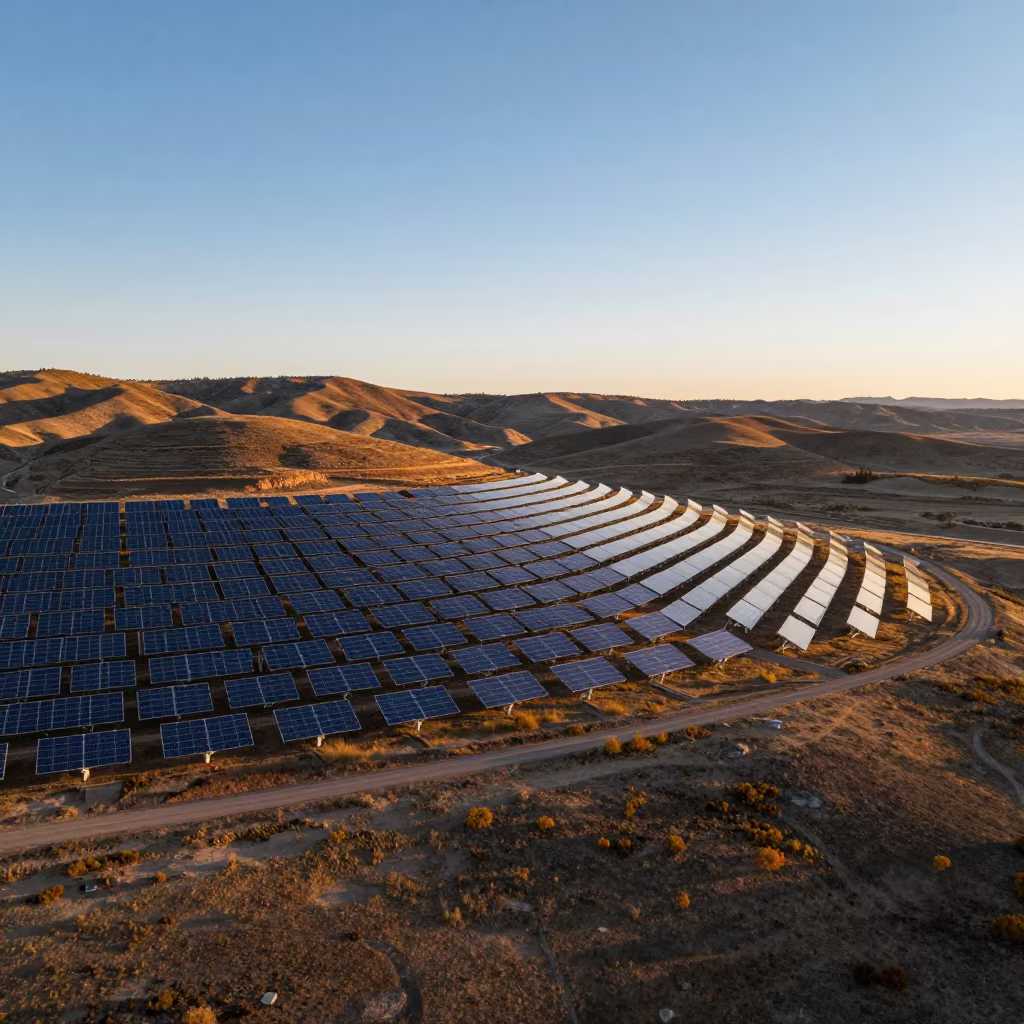 Utah Solar Thermal Plant Sunset Aerial View in far above terraced hillsides in Utah