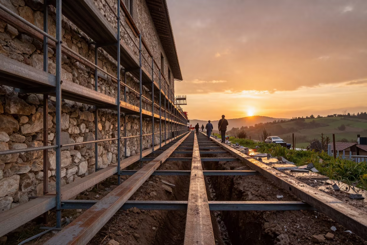 Utility trench shoring in Umbrian sunset drizzle in along a scaffolded facade in Umbria