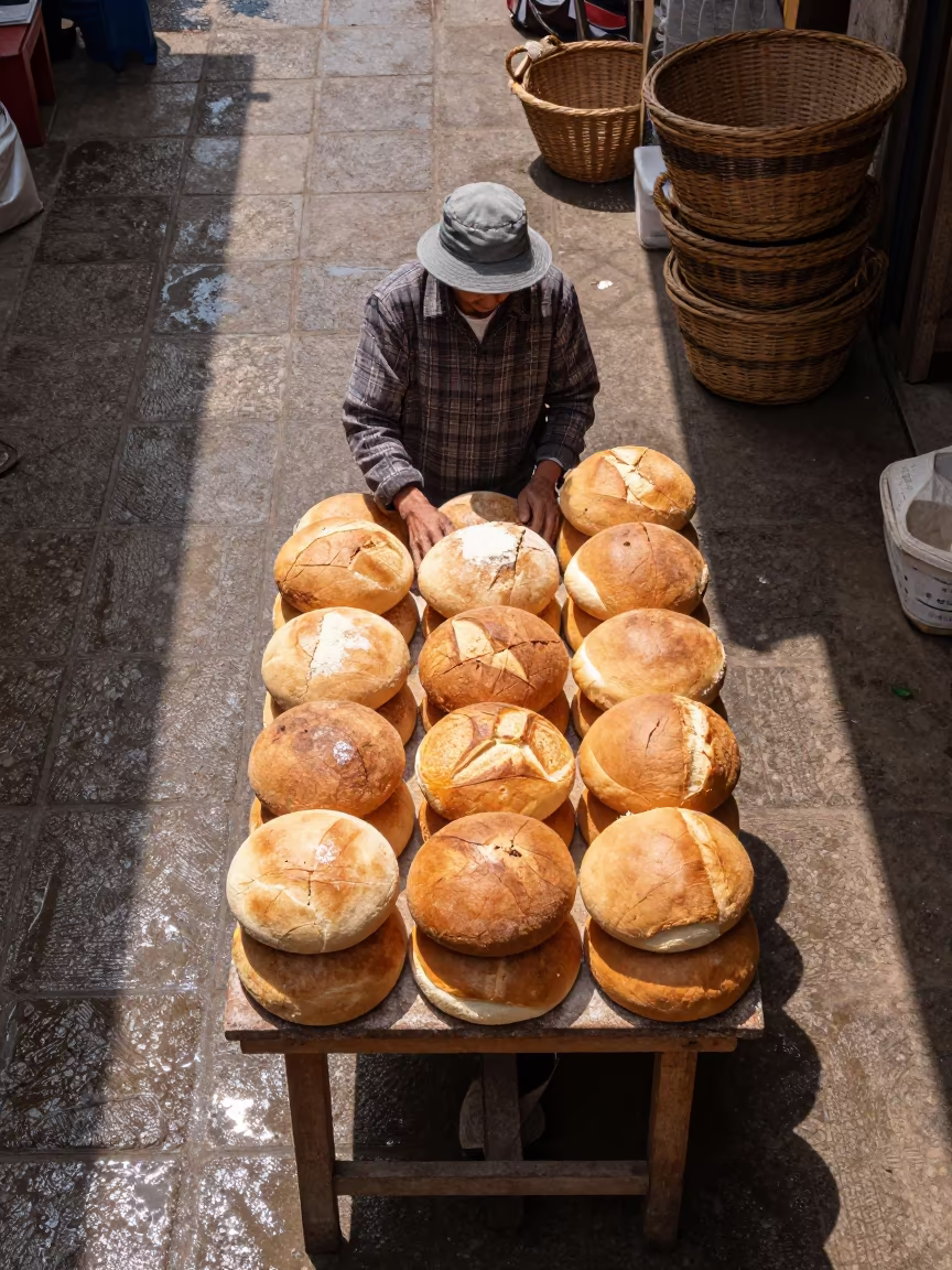 Uzbek Bread Vendor Stacking Loaves in Covered Bazaar in in a covered bazaar aisle in Amravati