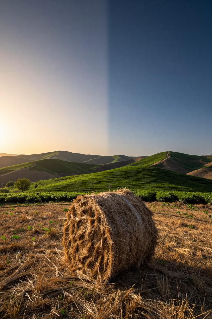 Uzbek Hay Bales Tea Hills Golden Hour Night Sky in beside stacked hay bales in Uzbekistan