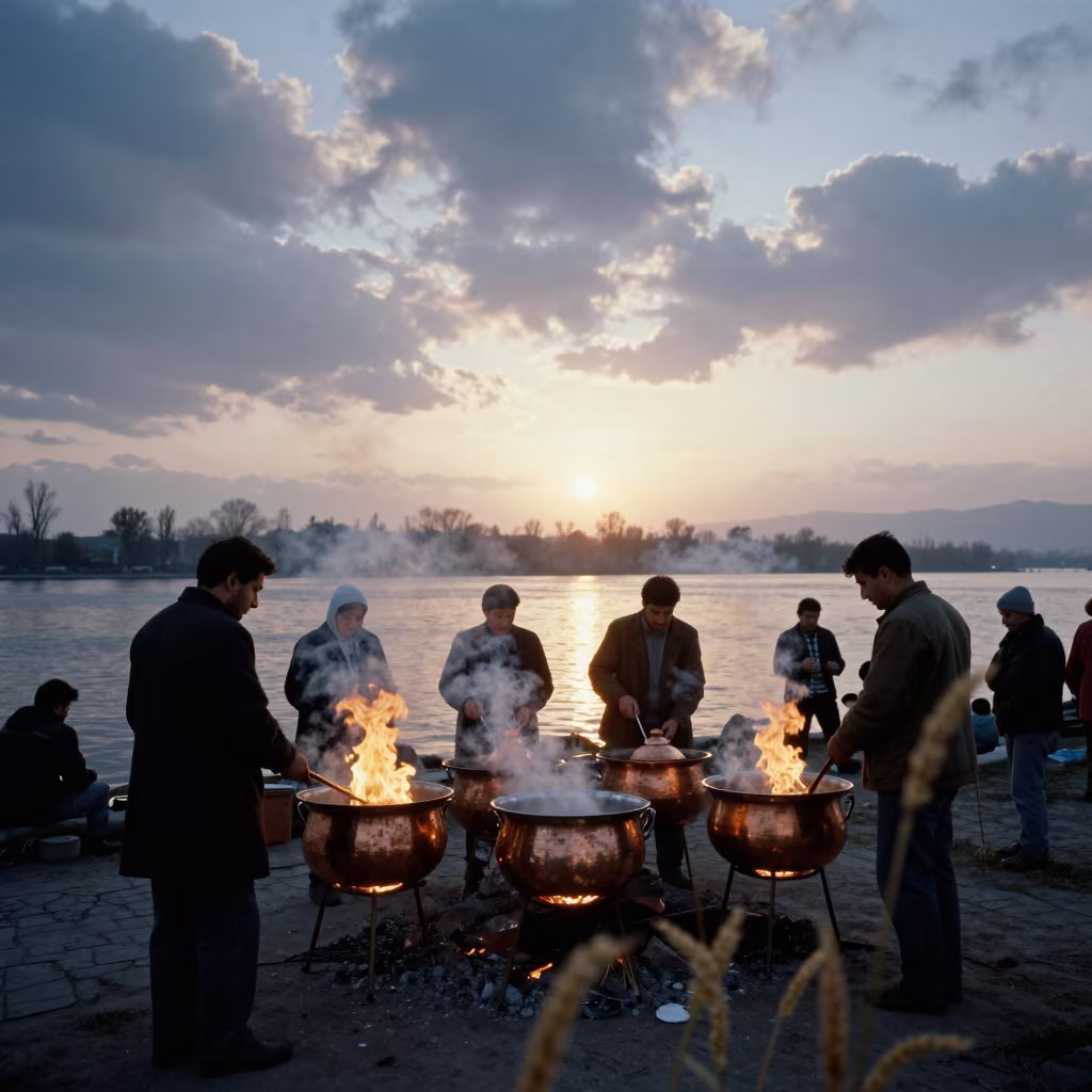 Uzbek Navruz Dawn Stirring Ceremony by Water in at a waterfront celebration in Godoy Cruz