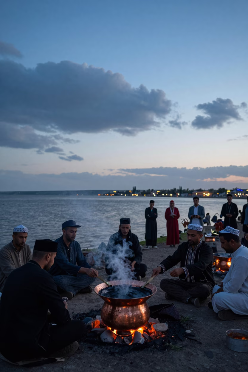 Uzbek Navruz Sumalak Stirring at Lichinga Waterfront in at a waterfront celebration near Lichinga