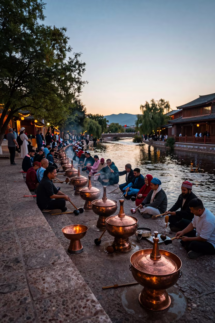 Uzbek Navruz Sumalak Stirring Lijiang Waterfront in at a waterfront celebration in Lijiang