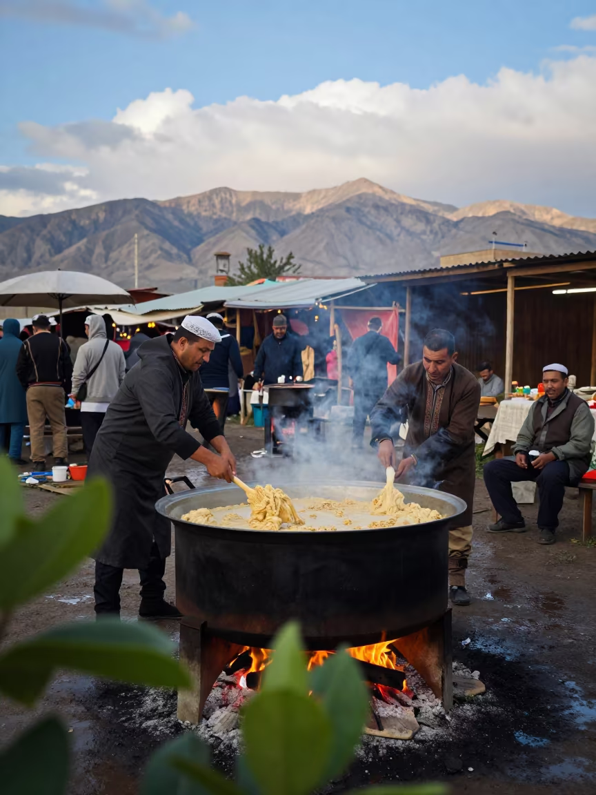 Uzbek Navruz Sumalak Stirring Night Market Saint Louis in at a night market in Saint-Louis