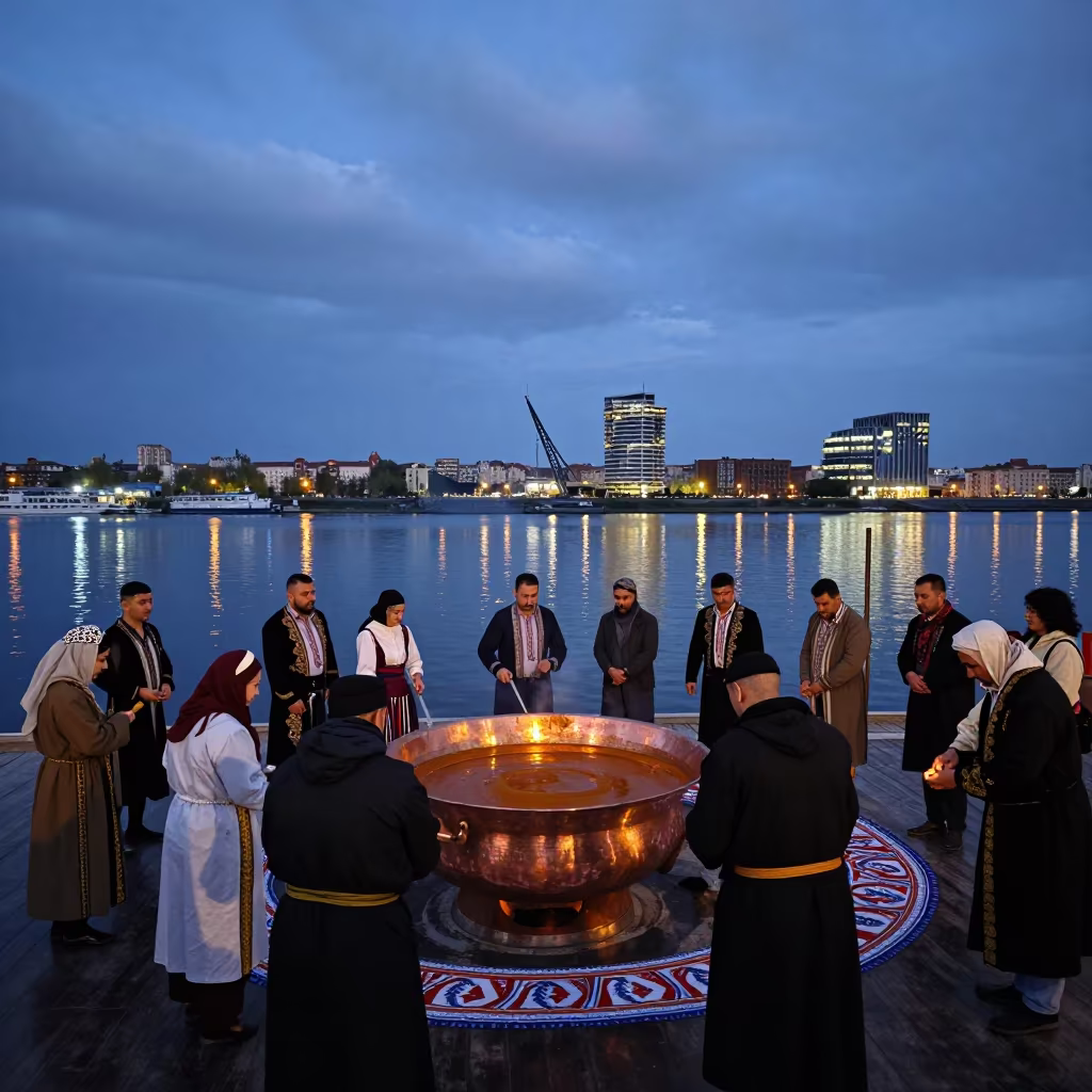 Uzbek Navruz Sumalak Stirring at Szczecin Waterfront in at a waterfront celebration in Szczecin